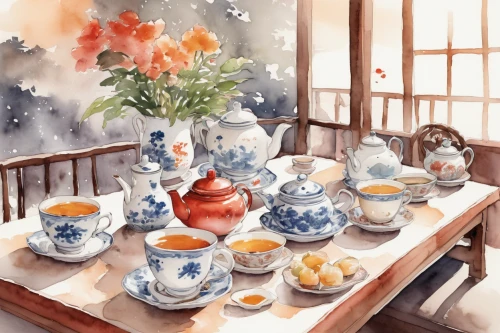 watercolor tea set,watercolor tea shop,watercolor tea,tea set,chinaware,watercolor cafe,tea service,white and blue china,watercolor background,snowy still-life,blue and white china,teatime,blue and white porcelain,coffee tea illustration,flower tea,flowering tea,flower painting,tea party collection,watercolor painting,japanese tea,Illustration,Paper based,Paper Based 07