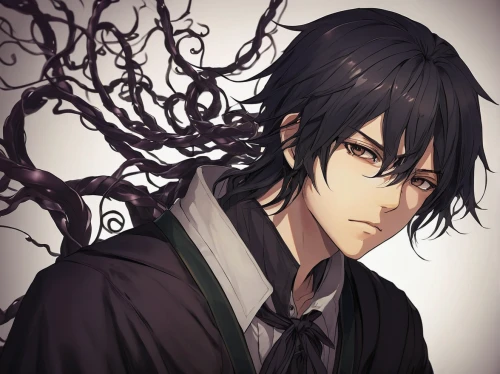 the son of lilium persicum,black crow,root,overgrown,vinegar tree,black pine,ren,yukio,dead branches,tendrils,vanitas,branching,withered,thorn,oleander,crow,shinigami,main character,prune,crown of thorns,Illustration,Japanese style,Japanese Style 12