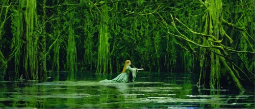 rusalka,swamp,water nymph,weeping willow,water-the sword lily,bayou,ballerina in the woods,green water,swan lake,wetland,backwater,the blonde in the river,mourning swan,marsh,lilly of the valley,girl on the river,forest of dreams,enchanted,nymphaea,wetlands,Illustration,Paper based,Paper Based 22