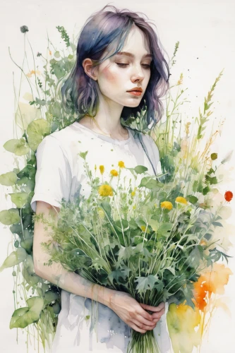 girl in flowers,kahila garland-lily,watercolor floral background,girl picking flowers,beautiful girl with flowers,holding flowers,girl in the garden,flora,watercolor background,falling flowers,flower painting,floral background,watercolor flowers,flower essences,wilted,wildflowers,scattered flowers,with a bouquet of flowers,fiori,watercolor painting,Illustration,Paper based,Paper Based 20