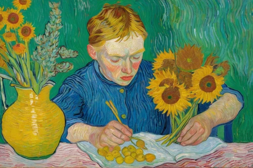 vincent van gough,vincent van gogh,girl picking flowers,post impressionism,flower painting,sunflowers in vase,girl with bread-and-butter,woman eating apple,woman sitting,post impressionist,self-portrait,girl with cereal bowl,child with a book,woman at cafe,picking flowers,woman holding pie,girl in flowers,girl at the computer,work in the garden,meticulous painting,Art,Artistic Painting,Artistic Painting 03
