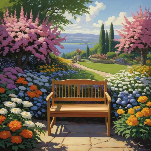 garden bench,outdoor bench,bench,park bench,floral chair,springtime background,flower garden,benches,wooden bench,flower bed,blanket of flowers,spring background,flower painting,summer border,spring garden,english garden,red bench,flowers field,floral corner,landscape background,Illustration,Retro,Retro 14