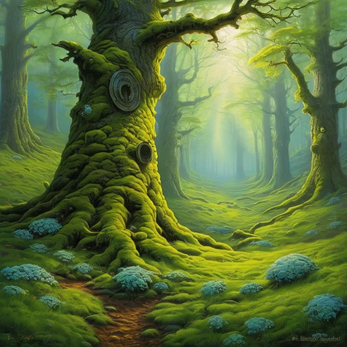 forest landscape,forest tree,elven forest,old-growth forest,green forest,druid grove,celtic tree,fir forest,holy forest,forest background,forest glade,mushroom landscape,deciduous forest,enchanted forest,fairy forest,tree grove,spruce forest,grove of trees,coniferous forest,oak tree,Illustration,Realistic Fantasy,Realistic Fantasy 32