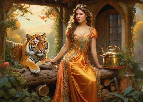 fantasy picture,fantasy portrait,fantasy art,orange robes,she feeds the lion,tiger lily,romantic portrait,bengal,tiger,fantasy woman,royal tiger,world digital painting,girl in a long dress,fairy tale character,orange,rapunzel,cinderella,bengal tiger,yellow orange,rosa ' amber cover,Conceptual Art,Fantasy,Fantasy 05