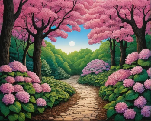 pathway,forest landscape,forest path,sakura trees,fairy forest,springtime background,blooming trees,flower painting,hiking path,cherry trees,mushroom landscape,tree lined path,the mystical path,landscape background,nature landscape,flowering trees,garden of eden,purple landscape,flower garden,tree grove,Illustration,Children,Children 05