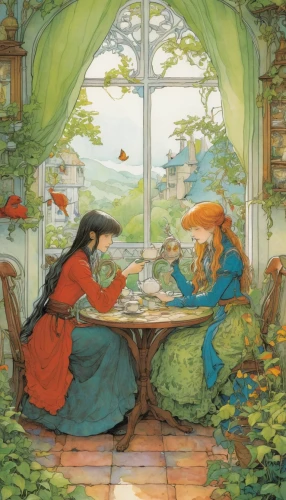 kate greenaway,children's fairy tale,fairy tales,fairy tale,a fairy tale,robins in a winter garden,idyll,fairytales,fairytale characters,children's room,the little girl's room,fairytale,teatime,tearoom,tea party,fairies,vintage fairies,fairy tale character,women at cafe,gnomes at table,Illustration,Realistic Fantasy,Realistic Fantasy 04