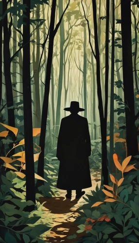 farmer in the woods,the wanderer,forest man,man silhouette,silhouette of man,the woods,forrest,sherlock holmes,game illustration,forest walk,pilgrim,the forest,cowboy silhouettes,indiana jones,wanderer,silhouette art,walking man,forest background,background image,woodsman,Illustration,Black and White,Black and White 25
