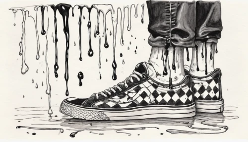 converse,rubber boots,drips,rain boot,punk design,shoes icon,chucks,shoelaces,water shoe,tap dance,skate shoe,boot,puddles,shoe print,sneaker,dripping,trample boot,walk on water,sneakers,drizzle,Illustration,Black and White,Black and White 34