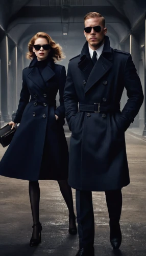 mobster couple,spy,spy visual,overcoat,secret agent,bodyguard,spy-glass,mafia,underworld,business icons,secret service,bond,black coat,agent,eurythmics,fashion models,trench coat,man and woman,menswear for women,couple goal,Photography,Fashion Photography,Fashion Photography 05