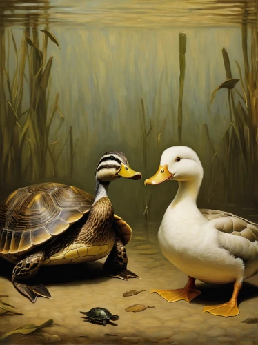 duck and turtle,duck meet,wild ducks,ducks,mallards,caution ducks,waterfowl,duck females,ornamental duck,cayuga duck,canard,duck on the water,water fowl,a pair of geese,whimsical animals,duck,the duck,citroen duck,ducklings,ducky,Illustration,Realistic Fantasy,Realistic Fantasy 09