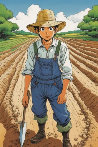 farmer,yamada's rice fields,farmworker,farming,sweet potato farming,potato field,aggriculture,furrows,field cultivation,agroculture,farmers,agricultural,agriculture,farm workers,furrow,cereal cultivation,country potatoes,picking vegetables in early spring,straw hat,the rice field,Illustration,Japanese style,Japanese Style 11