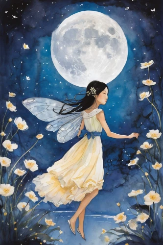 blue moon rose,moonflower,fairies aloft,little girl fairy,rosa 'the fairy,moonbeam,rosa ' the fairy,faerie,blue moon,child fairy,the night of kupala,children's fairy tale,fairy,beach moonflower,flying girl,cosmos wind,moon night,faery,moonlit night,moon phase,Illustration,Paper based,Paper Based 07