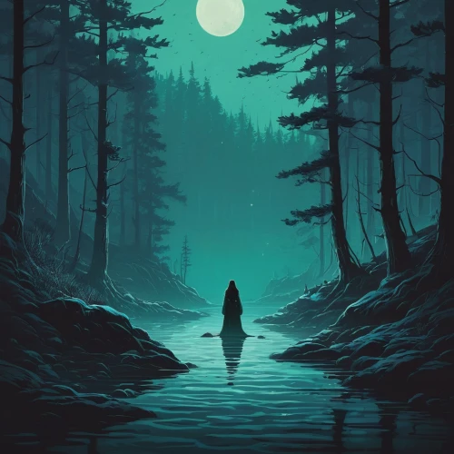 the wanderer,the forest,the woods,the man in the water,haunted forest,sci fiction illustration,forest dark,hooded man,vector illustration,forest background,pilgrimage,forest man,digital illustration,wanderer,howling wolf,forest,wilderness,the path,before the dawn,wander,Conceptual Art,Fantasy,Fantasy 32