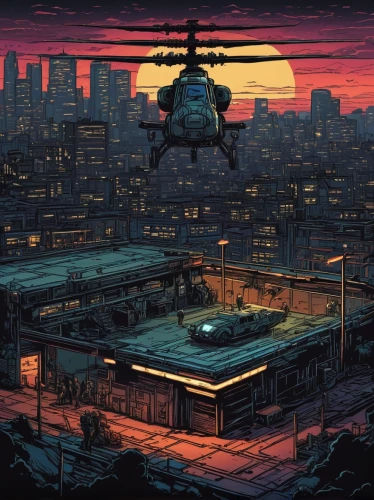 helipad,helicopter,chopper,cyberpunk,sci fiction illustration,helicopters,scifi,post apocalyptic,tokyo city,police helicopter,sci-fi,sci - fi,rotorcraft,sci fi,post-apocalyptic landscape,black hawk sunrise,district 9,helicopter pilot,tokyo,game illustration,Illustration,Realistic Fantasy,Realistic Fantasy 25