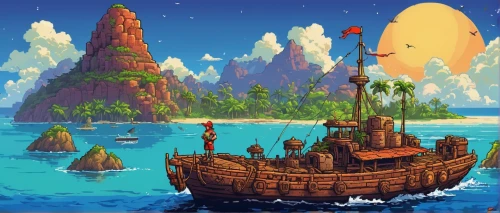 floating islands,mushroom island,monkey island,an island far away landscape,cartoon video game background,floating island,sea fantasy,islands,flying island,polynesia,lagoon,atlantis,pirate treasure,shipwreck,island,ocean paradise,the island,uninhabited island,pirate ship,ocean background,Unique,Pixel,Pixel 05