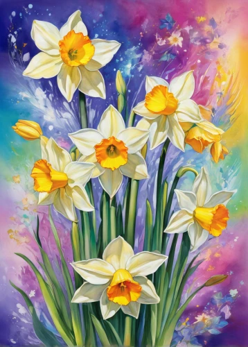 flower painting,daffodils,easter lilies,flower background,watercolor flowers,flowers png,watercolour flowers,bright flowers,spring flowers,yellow daffodils,jonquils,daisy flowers,daisies,flower art,springtime background,barberton daisies,daffodil,the trumpet daffodil,crocus flowers,tulip flowers,Illustration,Realistic Fantasy,Realistic Fantasy 20