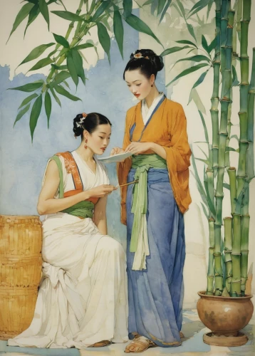 oriental painting,bamboo plants,ikebana,bamboo flute,tea ceremony,chinese art,khokhloma painting,bamboo,rou jia mo,hawaii bamboo,geisha,luo han guo,junshan yinzhen,china pot,dongfang meiren,asian culture,vintage asian,traditional chinese,young couple,indian art,Illustration,Paper based,Paper Based 23