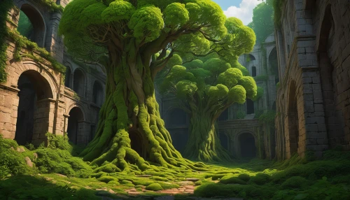 druid grove,elven forest,green forest,old-growth forest,tree canopy,tree grove,fantasy landscape,forest path,forest glade,fairy forest,flourishing tree,green trees,forest landscape,the roots of trees,cartoon forest,holy forest,devilwood,chestnut forest,enchanted forest,green tree,Illustration,Realistic Fantasy,Realistic Fantasy 26