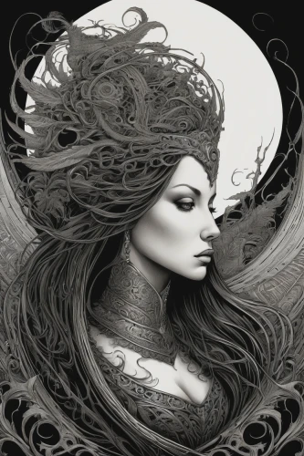 the enchantress,siren,the sea maid,gothic woman,sorceress,the wind from the sea,medusa,fashion illustration,mermaid vectors,mourning swan,fantasy portrait,black feather,tendrils,wind wave,queen of the night,rusalka,fantasy art,the zodiac sign pisces,mystical portrait of a girl,sci fiction illustration,Illustration,Black and White,Black and White 01