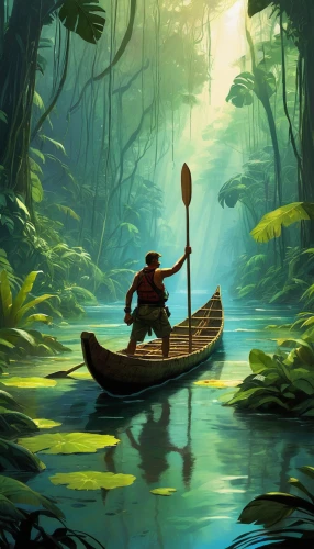 monkey island,canoeing,fishing float,canoes,canoe,fisherman,kayaker,raft,boat landscape,dugout canoe,world digital painting,raft guide,backwaters,paddler,adrift,kayak,kayaking,kerala,rowboats,paddling,Conceptual Art,Fantasy,Fantasy 04