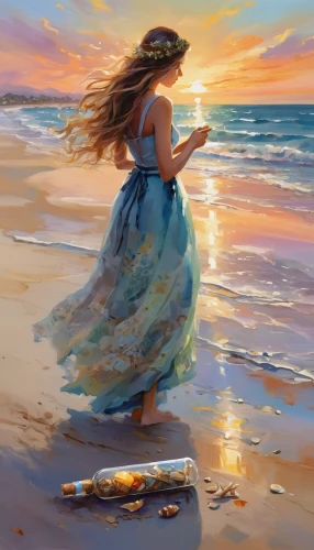 girl in a long dress,moana,sun and sea,the wind from the sea,beach landscape,little girl in wind,woman playing,world digital painting,sea breeze,sea-shore,summer evening,by the sea,beach background,seashore,sea landscape,digital painting,sunset glow,girl on the dune,beach scenery,painting technique,Illustration,Paper based,Paper Based 11