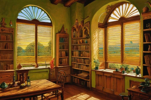 wooden windows,study room,bookshelves,reading room,window treatment,cabinetry,plantation shutters,children's room,window with shutters,french windows,window covering,children's interior,victorian kitchen,stained glass windows,book wall,window blinds,window film,bay window,wade rooms,window blind,Illustration,Retro,Retro 24