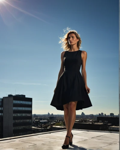 on the roof,rooftops,rooftop,fashion shoot,roof top,little black dress,black dress,black dress with a slit,cocktail dress,photosession,female model,dress walk black,portrait photography,a girl in a dress,fusion photography,plus-size model,digital compositing,photo shooting,highline,sheath dress,Photography,Fashion Photography,Fashion Photography 15