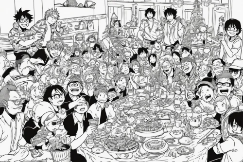 thanksgiving background,straw hats,a party,fairy tail,coloring page,food line art,wedding banquet,thanksgiving dinner,family gathering,buddha's birthday,last supper,dinner party,crowded,exclusive banquet,cake buffet,birthday party,birthday background,office line art,family anno,birthday banner background,Illustration,Japanese style,Japanese Style 11