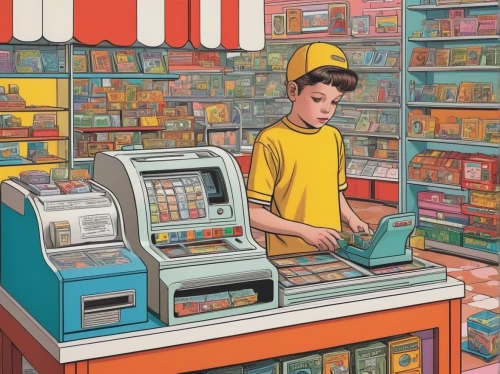 cashier,convenience store,cash register,record store,shopkeeper,clerk,vending machines,kids cash register,candy store,coin drop machine,retro items,soda fountain,vending machine,consumer,candy shop,soda shop,shopping icon,grocer,toy store,supermarket,Illustration,American Style,American Style 15