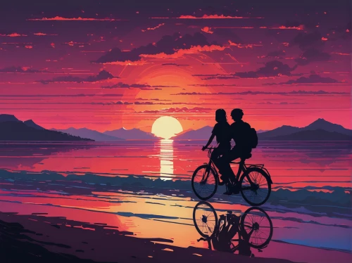 vintage couple silhouette,tandem bicycle,couple silhouette,bicycle ride,bicycle,bike ride,cycling,bicycling,biking,tandem bike,sunset,bicycle riding,cyclists,loving couple sunrise,silhouette art,romantic scene,bicycles,artistic cycling,coast sunset,bike tandem,Conceptual Art,Fantasy,Fantasy 32