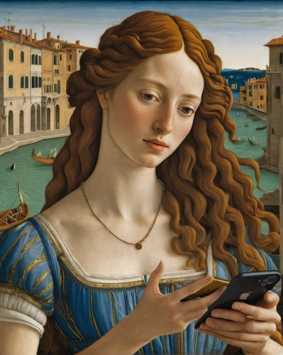 woman holding a smartphone,botticelli,girl at the computer,woman with ice-cream,girl with a dolphin,girl on the river,italian painter,girl with bread-and-butter,florentine,lacerta,woman drinking coffee,child with a book,woman playing,portrait of a girl,young woman,woman holding pie,meticulous painting,blonde woman reading a newspaper,girl with cloth,woman thinking,Art,Classical Oil Painting,Classical Oil Painting 43