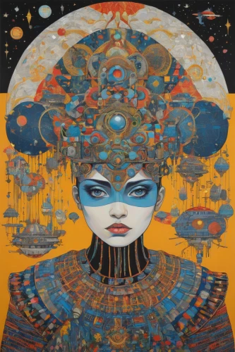 psychedelic art,cleopatra,african art,head woman,astral traveler,shamanic,hemisphere,andromeda,priestess,gemini,aquanaut,ann margarett-hollywood,meridians,masquerade,third eye,extraterrestrial,cosmic eye,somtum,cosmonaut,yuri gagarin,Illustration,Japanese style,Japanese Style 16