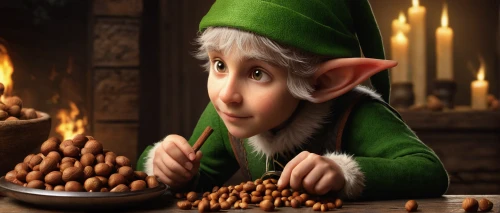baby elf,elf,elves,male elf,dwarf cookin,sweet chestnuts,bowl of chestnuts,elves flight,candy cauldron,chestnuts,christmas elf,christmas candies,acorns,gnomes at table,roasted chestnuts,elf on a shelf,to collect chestnuts,christmas movie,christmas sweets,wood elf,Art,Classical Oil Painting,Classical Oil Painting 10