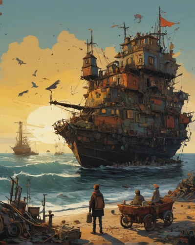 pirate ship,shipwreck,ship wreck,sea fantasy,galleon ship,pirate treasure,factory ship,sea sailing ship,old ships,galleon,ship yard,rescue and salvage ship,carrack,shipyard,full-rigged ship,sail ship,caravel,sci fiction illustration,seafaring,old ship,Conceptual Art,Sci-Fi,Sci-Fi 01