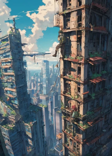 skycraper,sky apartment,skyscraper,sky city,high-rises,the skyscraper,high-rise,aerial landscape,skyscraper town,high rise,above the city,highrise,futuristic landscape,gunkanjima,high rises,fantasy city,destroyed city,skyland,34 meters high,skyscapers,Illustration,Japanese style,Japanese Style 03