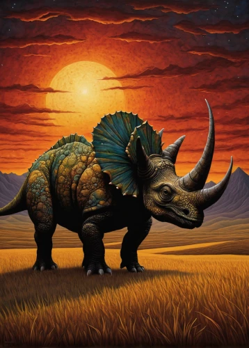 triceratops,rhinoceros,black rhinoceros,ankylosaurus,stegosaurus,cynorhodon,aucasaurus,uintatherium,rhino,bison,southern square-lipped rhinoceros,buffalo,black rhino,prehistoric,gorgonops,indian rhinoceros,tirannosaurus,extinction,dino,tyrannosaurus,Illustration,Abstract Fantasy,Abstract Fantasy 19