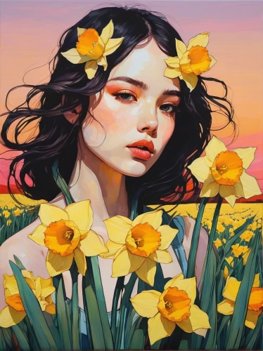 daffodils,jonquil,daffodil,girl in flowers,daffodil field,spring crown,kahila garland-lily,springtime background,yellow daffodils,yellow petals,blooming field,jonquils,spring bloom,spring background,spring sun,yellow garden,yellow daisies,falling flowers,yellow daffodil,blooming,Illustration,Paper based,Paper Based 19