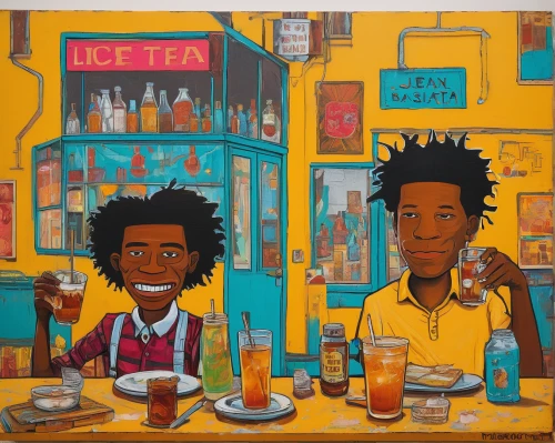 brown sauce,soda shop,oil on canvas,breakfast table,the coffee shop,oil painting on canvas,afroamerican,food icons,folk art,bistro,afro-american,brandy shop,fitzroy,black couple,cuban food,notting hill,coffee shop,dinner for two,bistrot,foodies,Art,Artistic Painting,Artistic Painting 51