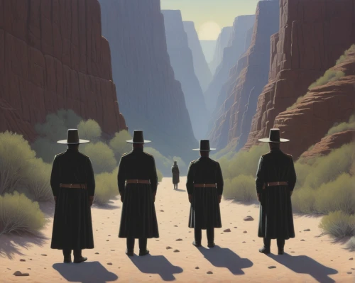 guards of the canyon,monks,pilgrims,buddhists monks,three wise men,the three wise men,graduate silhouettes,wise men,cowboy silhouettes,contemporary witnesses,nuns,clergy,monument valley,pilgrimage,travelers,travel poster,wave rock,nomads,desert background,patrols,Art,Artistic Painting,Artistic Painting 48