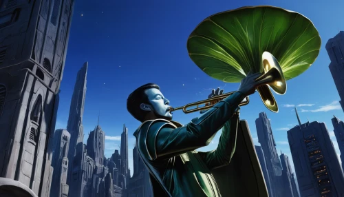 skyflower,cg artwork,sci fiction illustration,fanfare horn,valerian,trumpet climber,heroic fantasy,trumpet creepers,elves flight,horn of amaltheia,blue enchantress,lily of the nile,green lantern,cleanup,green and blue,pan flute,trumpeter,green balloons,bellboy,fantasy art,Conceptual Art,Sci-Fi,Sci-Fi 20
