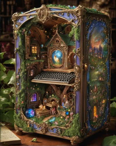 fairy house,fairy door,fairy village,music box,computer case,miniature house,lyre box,card box,diorama,3d fantasy,elves flight,treasure chest,magic book,insect box,fairy stand,musical box,wishing well,fairy world,apothecary,terrarium,Illustration,Realistic Fantasy,Realistic Fantasy 02