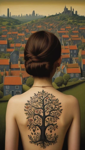 girl with tree,grant wood,cloves schwindl inge,tattoo girl,woman thinking,surrealism,people in nature,david bates,city ​​portrait,chinese art,janome chow,roots,rooted,bodypainting,girl in a long,the japanese tree,oriental painting,with tattoo,viticulture,han thom,Art,Artistic Painting,Artistic Painting 30