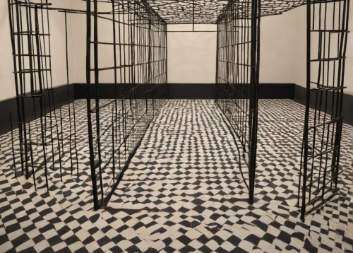 checkered floor,kennel,escher,lattice,klaus rinke's time field,ventilation grid,dog crate,menger,floor tiles,arbitrary confinement,ceramic floor tile,bird cage,tile flooring,prison,birdcage,chainlink,cage,cage bird,tiles,lattice windows,Conceptual Art,Oil color,Oil Color 15