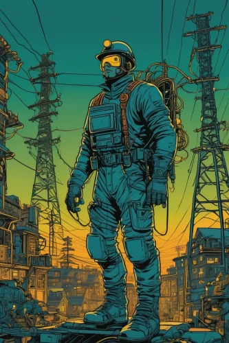 radiation,sci fiction illustration,fallout,post apocalyptic,post-apocalyptic landscape,scifi,fallout4,wasteland,wires,electrical grid,radioactivity,atomic age,game illustration,apocalyptic,coveralls,cyberpunk,nuclear,sci fi,high-visibility clothing,pandemic,Illustration,Vector,Vector 15