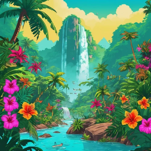 tropical floral background,tropical bloom,tropical island,tropical jungle,cartoon video game background,waterfall,tropics,wasserfall,oasis,landscape background,tropical flowers,summer background,a small waterfall,flower background,waterfalls,spring background,idyllic,water fall,water falls,jungle,Illustration,Vector,Vector 19