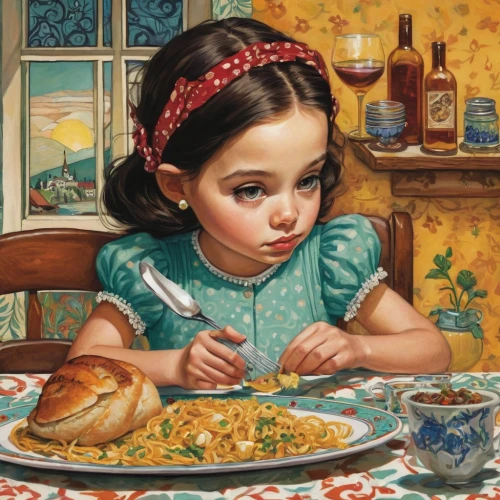 girl with bread-and-butter,girl with cereal bowl,girl in the kitchen,the little girl,appetite,child portrait,doll kitchen,young girl,little girl,placemat,child girl,étouffée,child's diary,little girls,nourishment,the girl's face,blue ribbon,spoon-billed,kids' meal,vintage art,Illustration,Abstract Fantasy,Abstract Fantasy 10