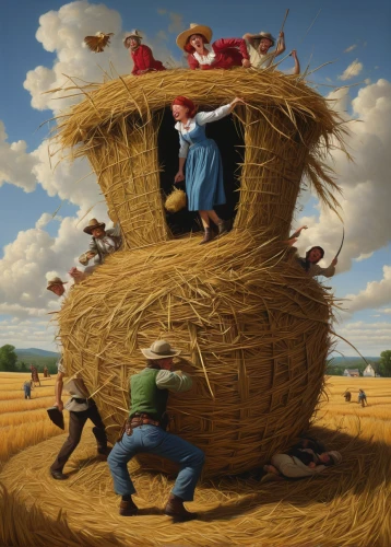 straw hut,straw cart,straw harvest,straw carts,threshing,haymaking,agriculture,round straw bales,grain harvest,straw bale,straw hats,straw bales,farmers,straw roofing,grant wood,hay stack,threshed,hay barrel,aggriculture,hay bale,Illustration,Realistic Fantasy,Realistic Fantasy 22