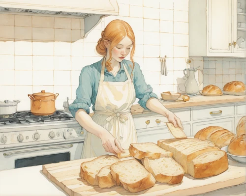 girl with bread-and-butter,girl in the kitchen,baking bread,bread recipes,breads,bakery,fresh bread,homemaker,soda bread,bread time,butter breads,little bread,loaves,baking,freshly baked buns,bread spread,bread,butterbrot,pane,breadbasket,Illustration,Paper based,Paper Based 17