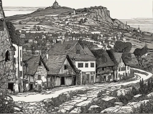 shaftesbury,vaud,nubble,bergen,caquelon,robin hood's bay,lavaux,19th century,escher village,bethlehem,meteora,mountain village,göreme,dover,whitby,townscape,butte,trifels,village scene,moustiers-sainte-marie,Illustration,Retro,Retro 11