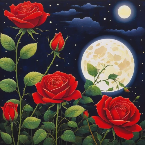 blue moon rose,landscape rose,romantic rose,the sleeping rose,way of the roses,rose flower illustration,night view of red rose,bibernell rose,rose bloom,moonflower,carol colman,red roses,rose woodruff,disney rose,sky rose,moonlit night,bright rose,moon night,roses-fruit,rose bush,Illustration,Japanese style,Japanese Style 20